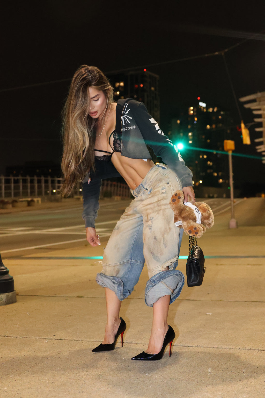 W Holy State Split Knee Wide Jeans Sand Blue