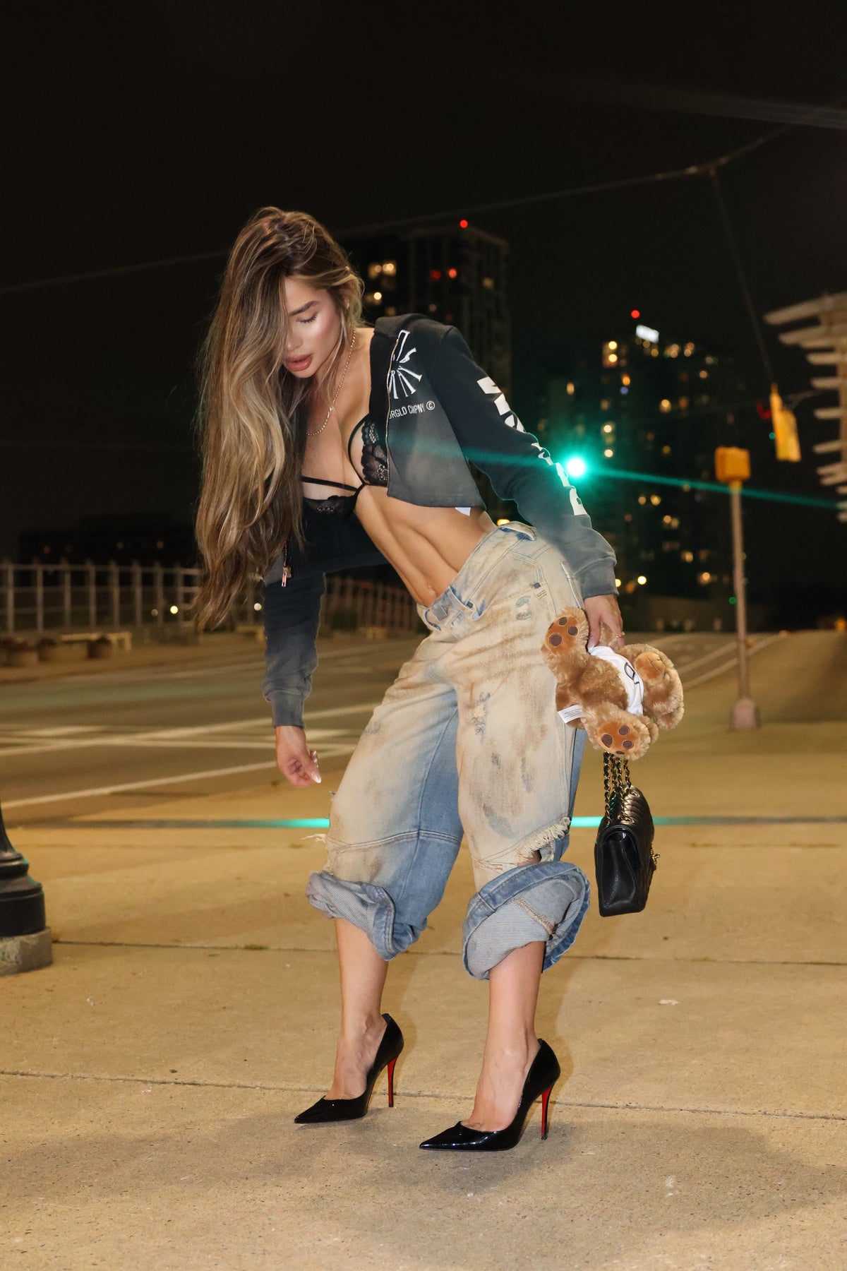 W Holy State Split Knee Wide Jeans Sand Blue