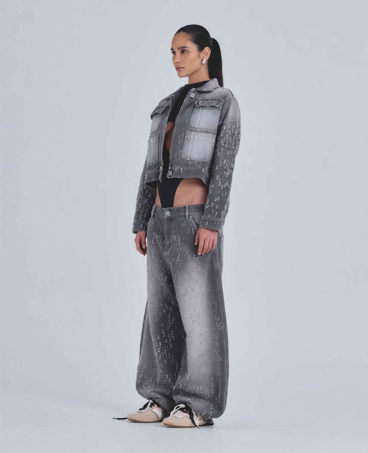 W HOLY STATE RIPPED WIDE JEANS WASHED GRAY