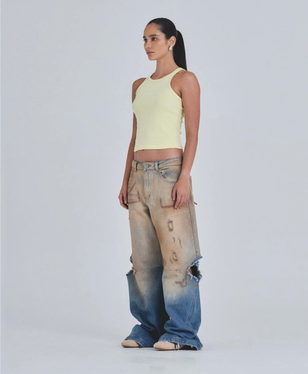 W HOLY STATE SPLIT KNEE WIDE JEANS SAND BLUE